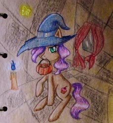 Size: 2856x3118 | Tagged: safe, artist:0okami-0ni, oc, oc only, pony, candle, halloween, hat, high res, holiday, pumpkin, pumpkin bucket, solo, traditional art, witch hat