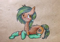 Size: 2131x1485 | Tagged: safe, artist:0okami-0ni, oc, oc only, earth pony, pony, blush sticker, blushing, clothes, smiling, socks, solo, traditional art