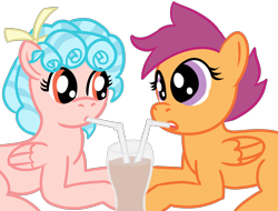 Size: 4096x3112 | Tagged: safe, artist:poniidesu, cozy glow, scootaloo, pegasus, pony, g4, chocolate, chocolate milk, chocolate milkshake, colored, cozybetes, cute, duo, female, filly, flat colors, high res, lesbian, milk, milkshake, sharing a drink, ship:cozyloo, shipping, simple background, straw, transparent background