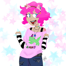 Size: 1200x1200 | Tagged: safe, artist:kawakeo, gummy, pinkie pie, alligator, human, g4, alternate hairstyle, arm warmers, belt, braces, candy, choker, clothes, ear piercing, eared humanization, earring, female, food, headband, humanized, jeans, jewelry, lollipop, necklace, open mouth, pants, piercing, scene kid, shirt, solo, t-shirt, torn clothes