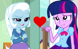 Size: 1052x665 | Tagged: safe, edit, edited screencap, screencap, trixie, twilight sparkle, equestria girls, g4, my little pony equestria girls: better together, female, lesbian, ship:twixie, shipping, shipping domino