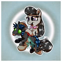 Size: 1280x1280 | Tagged: safe, artist:gray--day, octavia melody, oc, oc:flik, changeling, earth pony, pony, g4, art trade, brushing, cute, duo, grooming, male, shipping, sitting, size difference, smaller male