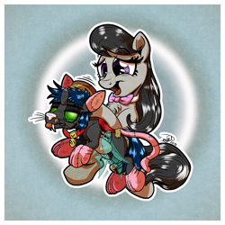 Size: 1536x1536 | Tagged: safe, artist:gray--day, octavia melody, oc, oc:flik, cat, changeling, earth pony, pony, g4, art trade, clothes, costume, cute, dressup game, duo, grooming, joke, petting, shipping, sitting