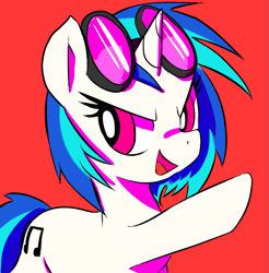 Size: 985x1000 | Tagged: safe, artist:mewball, dj pon-3, vinyl scratch, pony, unicorn, g4, cute, female, glasses, mare, open mouth, raised hoof, red background, simple background, solo, vinyl's glasses
