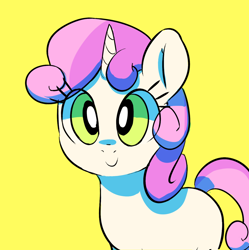 Size: 1280x1286 | Tagged: safe, artist:mewball, sweetie belle, pony, unicorn, g4, blank flank, cute, diasweetes, female, filly, green eyes, simple background, solo, two toned mane, yellow background