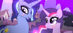 Size: 1024x471 | Tagged: safe, artist:missxxfofa123, oc, oc only, alicorn, pony, unicorn, alicorn oc, base used, ethereal mane, female, horn, magical lesbian spawn, male, mare, oc x oc, offspring, offspring shipping, parent:fluttershy, parent:hoo'far, parent:trixie, parent:twilight sparkle, parents:trixfar, parents:twishy, ponyville, shipping, stallion, starry mane, straight