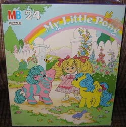 Size: 517x519 | Tagged: safe, photographer:tradertif, baby bouncy, molly williams, zig zag, zebra, g1, official, bow, flower, garden, gate, hair bow, merchandise, milton bradley, pony friends, puzzle, tree