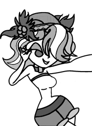 Size: 877x1200 | Tagged: safe, artist:treble clefé, vignette valencia, equestria girls, equestria girls specials, g4, my little pony equestria girls: better together, my little pony equestria girls: rollercoaster of friendship, breasts, busty vignette valencia, clothes, female, grayscale, hashtag bangs, monochrome, selfie, shorts, simple background, solo, transparent background, wide hips
