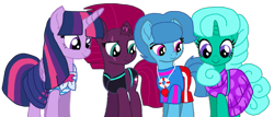 Size: 2189x933 | Tagged: safe, artist:徐詩珮, fizzlepop berrytwist, glitter drops, spring rain, tempest shadow, twilight sparkle, alicorn, pony, unicorn, series:sprglitemplight diary, series:sprglitemplight life jacket days, series:springshadowdrops diary, series:springshadowdrops life jacket days, g4, alternate universe, base used, bisexual, broken horn, clothes, cute, equestria girls outfit, female, glitterbetes, horn, lesbian, lifeguard, lifeguard spring rain, polyamory, ship:glitterlight, ship:glittershadow, ship:sprglitemplight, ship:springdrops, ship:springlight, ship:springshadow, ship:springshadowdrops, ship:tempestlight, shipping, simple background, springbetes, swimsuit, tempestbetes, transparent background, twilight sparkle (alicorn)