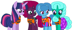Size: 2201x926 | Tagged: safe, artist:徐詩珮, fizzlepop berrytwist, glitter drops, spring rain, tempest shadow, twilight sparkle, alicorn, pony, unicorn, series:sprglitemplight diary, series:sprglitemplight life jacket days, series:springshadowdrops diary, series:springshadowdrops life jacket days, g4, alternate universe, base used, bisexual, broken horn, clothes, cute, equestria girls outfit, female, glitterbetes, horn, lesbian, lifeguard, lifeguard spring rain, lifejacket, polyamory, ship:glitterlight, ship:glittershadow, ship:sprglitemplight, ship:springdrops, ship:springlight, ship:springshadow, ship:springshadowdrops, ship:tempestlight, shipping, simple background, springbetes, swimsuit, tempestbetes, transparent background, twilight sparkle (alicorn)