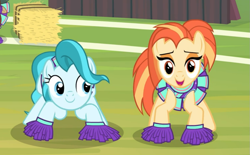 Size: 977x604 | Tagged: safe, screencap, lighthoof, shimmy shake, pony, 2 4 6 greaaat, g4, cheerleader outfit, clothes, cropped, crouching, cute, duo, female, hay bale, lightorable, looking at you, open mouth, prone, shakeabetes