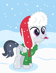Size: 1159x1500 | Tagged: safe, artist:cloudy glow, rumble, pegasus, pony, g4, :p, clothes, colt, cute, hat, hnnng, male, movie accurate, rumblebetes, snow, snowfall, solo, sweater, tongue out, ushanka, winter