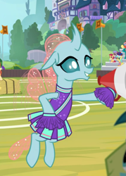 Size: 557x780 | Tagged: safe, screencap, ocellus, 2 4 6 greaaat, g4, cheerleader ocellus, cheerleader outfit, clothes, cropped, cute, diaocelles, female, flying, megaphone, smiling, solo