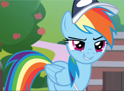 Size: 1283x940 | Tagged: safe, screencap, rainbow dash, pegasus, pony, 2 4 6 greaaat, g4, coach rainbow dash, cropped, determined, female, grin, hat, lidded eyes, mare, smiling, smirk, solo