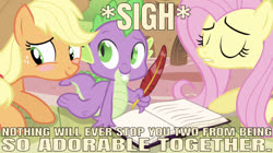 Size: 640x359 | Tagged: safe, edit, edited screencap, editor:undeadponysoldier, screencap, applejack, fluttershy, spike, dragon, earth pony, pony, bats!, g4, blushing, book, cute, eyes closed, female, jackabetes, male, mare, quill, ship:applespike, shipper on deck, shipping, sigh, straight