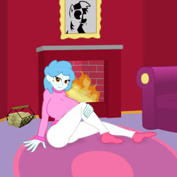 Size: 1920x1920 | Tagged: safe, artist:momoiro-kun, derpy hooves, oc, oc only, oc:cloudy cuddles, equestria girls, g4, big breasts, bottomless, breasts, clothes, equestria girls-ified, female, fire, fireplace, huge breasts, looking at you, no panties, no pants, solo, sweater