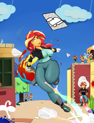 Size: 2300x3000 | Tagged: source needed, safe, artist:jessesmash32, bon bon, spike, spike the regular dog, sunset shimmer, sweetie drops, dog, equestria girls, g4, big breasts, breasts, busty sunset shimmer, curvy, high res, hourglass figure, multeity, paint, paint bucket, paper airplane, paper mario, paper mario: color splash, self paradox, shimmerstorm, thighs, thunder thighs, when you see it, wide hips