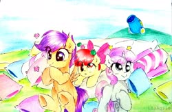 Size: 3543x2322 | Tagged: safe, artist:liaaqila, apple bloom, scootaloo, sweetie belle, earth pony, pegasus, pony, unicorn, g4, adorabloom, cannon, circling stars, commission, cute, cutealoo, cutie mark crusaders, derp, diasweetes, dizzy, everything went better than expected, female, filly, fluttering, happy, high res, pillow, pony cannonball, scrunchy face, traditional art