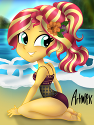 Size: 1536x2048 | Tagged: safe, artist:artmlpk, sunset shimmer, human, equestria girls, g4, alternate hairstyle, barefoot, beach, blushing, clothes, cute, feet, female, flower, flower in hair, island, kneeling, looking back, looking over shoulder, ocean, one-piece swimsuit, ponytail, shimmerbetes, smiling, solo, swimsuit