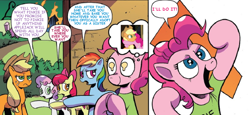 Size: 1000x458 | Tagged: safe, artist:andypriceart, edit, idw, apple bloom, applejack, pinkie pie, rainbow dash, sweetie belle, g4, comic, female, lesbian, ship:applepie, shipping, text edit