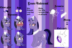 Size: 3000x2000 | Tagged: safe, artist:ghostygirl01, artist:ghostygirl02, derpibooru exclusive, oc, oc only, oc:lenore, pony, unicorn, accessory, base used, blushing, confident, cutie mark, ear piercing, earring, expressions, eyeshadow, female, goth, high res, jewelry, lipstick, makeup, piercing, purple background, reference sheet, silly face, simple background, solo, spider web, surprised, tongue out