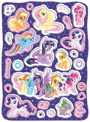 Size: 996x1356 | Tagged: safe, applejack, fluttershy, pinkie pie, rainbow dash, rarity, spike, twilight sparkle, alicorn, dragon, pony, unicorn, g4, my little pony: the movie, accessory, cutie mark, female, good, mane seven, mane six, mare, quadrupedal spike, smiling, stars, sticker, twilight sparkle (alicorn), wings