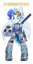 Size: 1089x2127 | Tagged: safe, oc, oc only, oc:raindrop, oc:the cyberneticist, pegasus, anthro, fallout equestria, fallout equestria: kingpin, armor, blue eyes, blue mane, commissioner:genki, fallout, fallout 4, female, goggles, gun, handgun, helmet, justice mare, mare, pistol, rifle, sniper, sniper rifle, solo, stun gun, the mechanist, weapon, wing hold, wings, young mare