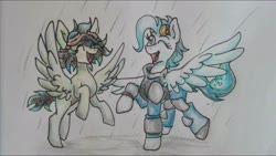 Size: 1920x1080 | Tagged: safe, oc, oc only, oc:raindrop, oc:the cyberneticist, pegasus, pony, fallout equestria, fallout equestria: kingpin, armor, blue eyes, blue mane, collaboration, cutie mark, duo, fallout, fallout 4, female, happy, mare, pegasus oc, playing, rain, reference sheet, the mechanist, traditional art, young mare