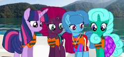 Size: 2340x1080 | Tagged: safe, artist:徐詩珮, fizzlepop berrytwist, glitter drops, spring rain, tempest shadow, twilight sparkle, alicorn, pony, unicorn, series:sprglitemplight diary, series:sprglitemplight life jacket days, series:springshadowdrops diary, series:springshadowdrops life jacket days, g4, alternate universe, base used, bisexual, broken horn, clothes, cute, equestria girls outfit, female, glitterbetes, horn, lesbian, lifeguard, lifeguard spring rain, lifejacket, polyamory, ship:glitterlight, ship:glittershadow, ship:sprglitemplight, ship:springdrops, ship:springlight, ship:springshadow, ship:springshadowdrops, ship:tempestlight, shipping, springbetes, swimsuit, tempestbetes, twilight sparkle (alicorn)