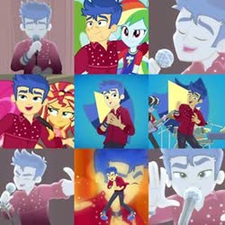 Size: 320x320 | Tagged: safe, edit, screencap, flash sentry, pinkie pie, rainbow dash, ringo, sunset shimmer, cheer you on, equestria girls, g4, my little pony equestria girls: better together, backstage, cutie mark, eyes closed, female, male, microphone, musical instrument, stage