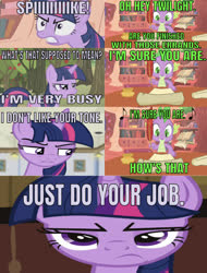 Size: 637x836 | Tagged: safe, edit, edited screencap, editor:undeadponysoldier, screencap, spike, twilight sparkle, dragon, pony, unicorn, series:spikebob scalepants, g4, angry, apple, apple tree, are you finished with those errands, caption, comic, female, golden oaks library, image macro, inkwell, male, mare, music notes, quill, reference, screencap comic, scroll, singing, spongebob squarepants, squid's day off, text, tree, unicorn twilight, wrong aspect ratio