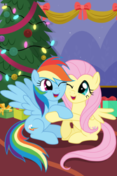 Size: 2000x3000 | Tagged: safe, artist:kabuvee, fluttershy, rainbow dash, pegasus, pony, g4, christmas, christmas lights, christmas tree, female, high res, holiday, hug, lesbian, mare, one eye closed, present, ship:flutterdash, shipping, show accurate, tree