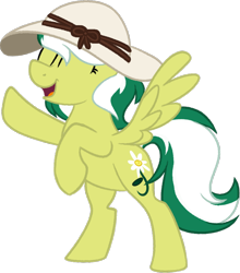 Size: 1054x1200 | Tagged: safe, artist:binkyt11, derpibooru exclusive, oc, oc only, oc:marguerite daisy, pegasus, pony, 2020 community collab, derpibooru community collaboration, eyes closed, farmer's hat, female, hat, mare, rearing, simple background, solo, spread wings, transparent background, wings