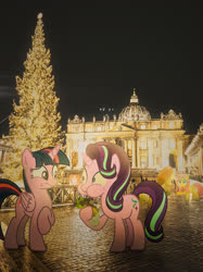 Size: 2863x3818 | Tagged: safe, artist:ponyrailartist, editor:relapse11, applejack, fluttershy, starlight glimmer, twilight sparkle, alicorn, pony, g4, cathedral, christmas, christmas tree, church, high res, holiday, italy, night, rome, tree, twilight sparkle (alicorn), vatican, vatican city