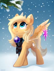 Size: 2500x3300 | Tagged: safe, artist:taneysha, oc, oc only, oc:mirta whoowlms, pegasus, pony, christmas ball, clothes, female, high res, looking up, mare, mouth hold, one wing out, ornament, scarf, smiling, snow, snowfall, solo, standing, three quarter view, tree, wings
