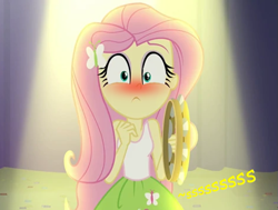 Size: 661x500 | Tagged: safe, artist:thedarkpony, edit, edited screencap, screencap, fluttershy, equestria girls, g4, my little pony equestria girls: rainbow rocks, accident, blushing, cropped, embarrassed, fear wetting, female, implied pissing, implied urine, implied wetting, onomatopoeia, pee edit, scared, solo, stage fright