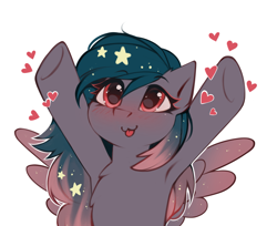 Size: 2649x2162 | Tagged: safe, alternate version, artist:rivibaes, artist:share dast, oc, oc only, oc:star universe, pegasus, pony, armpits, blushing, cute, ethereal mane, female, happy, heart, high res, hooves, hooves up, love, mare, mlem, ocbetes, open arms, silly, simple background, spread wings, starry mane, tongue out, upsies, white background, wings
