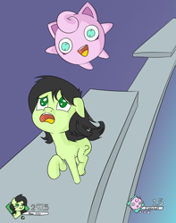 Size: 1000x1268 | Tagged: safe, artist:happy harvey, oc, oc:filly anon, jigglypuff, colored, crossover, fear, female, filly, near death, pokémon, running, smiling, super smash bros., this will end in death, this will end in tears, this will end in tears and/or death