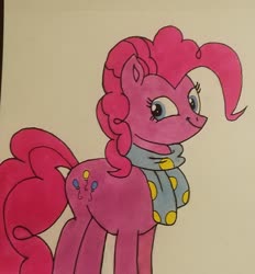 Size: 1563x1685 | Tagged: safe, artist:polar_storm, pinkie pie, earth pony, pony, g4, blue eyes, clothes, colored sketch, faic, female, hearth's warming, markers, scarf, simple background, smirk, solo, traditional art, twiface, white background