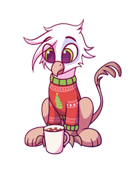 Size: 2000x2500 | Tagged: safe, artist:lollipony, oc, oc only, oc:blake, griffon, 2020 community collab, derpibooru community collaboration, chocolate, christmas sweater, clothes, commission, cute, eye clipping through hair, food, griffon oc, high res, hot chocolate, male, mug, simple background, sitting, solo, sweater, transparent background