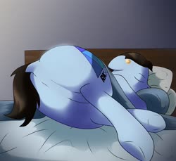 Size: 3500x3200 | Tagged: safe, alternate version, artist:wolftendragon, android, earth pony, pony, robot, bed, butt, connor, crossover, detroit: become human, dock, featureless crotch, floppy ears, high res, male, on bed, pillow, plot, ponified, rk800, sfw edit, sleeping, solo, stallion, underhoof