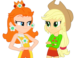 Size: 893x680 | Tagged: safe, artist:foreverbunkey123, artist:user15432, applejack, human, equestria girls, g4, apple daisy, barely eqg related, base used, clothes, cowboy hat, crossed arms, crossover, crown, cutie mark, duo, ear piercing, earring, equestria girls style, equestria girls-ified, gymnast, gymnastics, hand on hip, hat, jewelry, leotard, mario & sonic, mario & sonic at the olympic games, mario & sonic at the olympic games tokyo 2020, mario and sonic, mario and sonic at the olympic games, nintendo, olympics, piercing, princess daisy, regalia, simple background, sports, sports outfit, sports shorts, super mario bros., tank top, transparent background