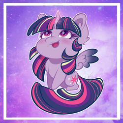 Size: 2000x2000 | Tagged: safe, artist:cloud-dash, artist:vera-li, twilight sparkle, alicorn, pony, g4, abstract background, blushing, chibi, cutie mark, ear fluff, female, glowing horn, high res, horn, looking up, mare, open mouth, rainbow power, sitting, solo, spread wings, starry eyes, twilight sparkle (alicorn), wingding eyes, wings