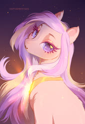 Size: 1242x1821 | Tagged: safe, artist:nsfwzhenya, oc, oc only, oc:sunset star, earth pony, pony, beautiful, eyeshadow, female, fluffy, lidded eyes, looking at you, makeup, mare, peytral, solo, starry eyes, starry night, stars, wingding eyes