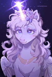 Size: 1320x1953 | Tagged: safe, artist:nsfwzhenya, oc, oc only, alicorn, pony, alicorn oc, eyeshadow, female, flower, flower in hair, glowing horn, horn, lens flare, makeup, mare, night, peytral, smiling, solo, starry eyes, stars, wingding eyes