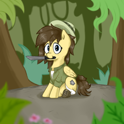 Size: 5000x5000 | Tagged: safe, artist:waffletheheadmare, oc, oc only, oc:retro hearts, pegasus, pony, boots, brown hair, bush, clothes, cutie mark, female, flower, ground, hat, jungle, leaves, machete, mare, shoes, sitting, smiling, socks, tree, weapon, wings