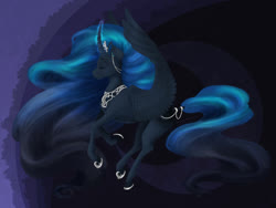 Size: 900x675 | Tagged: safe, artist:redded, princess luna, alicorn, pony, g4, abstract background, curved horn, ear fluff, ear piercing, earring, eyes closed, female, flying, gradient mane, horn, impossibly long hair, jewelry, long mane, mare, piercing, solo, spread wings, tail jewelry, wings