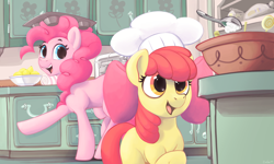 Size: 5000x3000 | Tagged: safe, artist:dimfann, apple bloom, pinkie pie, earth pony, pony, series:pony re-watch, call of the cutie, g4, adorabloom, apple bloom's bow, baking, bow, chef's hat, cute, duo, female, filly, food, hair bow, hat, high res, kitchen, lemon, mare, scene interpretation, spoon, sugarcube corner