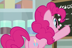 Size: 841x561 | Tagged: safe, screencap, pinkie pie, earth pony, pony, g4, the last laugh, balloonbutt, butt, chalkboard, cropped, female, mare, open mouth, plot, raised hoof, solo