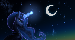 Size: 2600x1418 | Tagged: safe, artist:system-destroyer, artist:technodjent, princess luna, alicorn, pony, g4, bust, female, glowing horn, horn, magic, mare, moon, night, portrait, solo